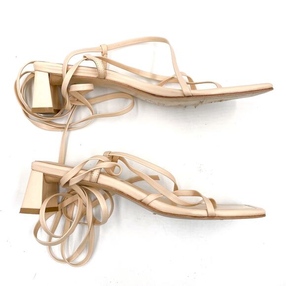 LPA Loren Block Heel Sandals Tan Leather Strappy Ankle Wrap Sz 9 Square Toe - Picture 7 of 11